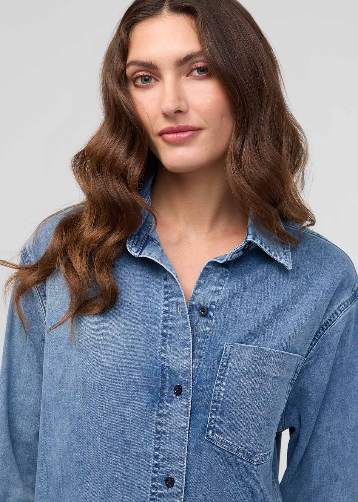 womens washed indigo performance denim lite shirt dress front detail