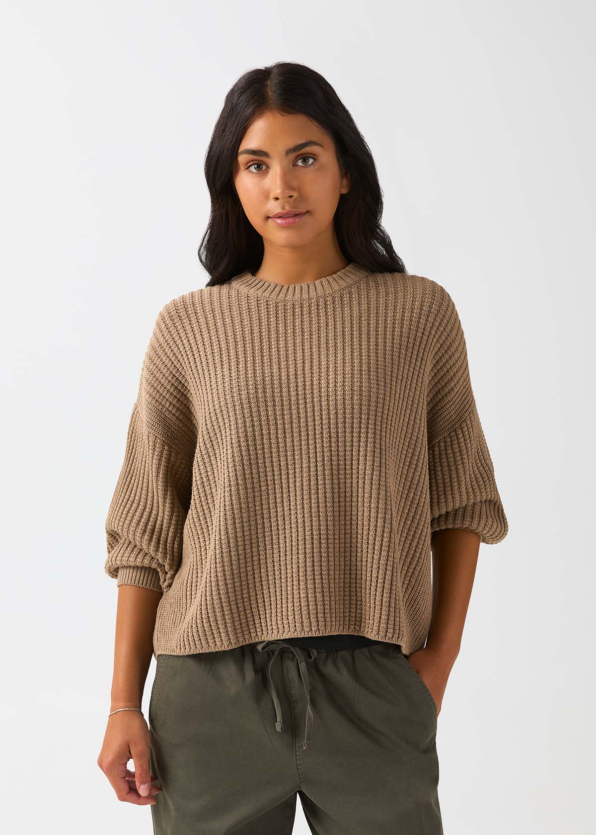 womens-easyknit-lite-crew-neck-heather-oatmeal front