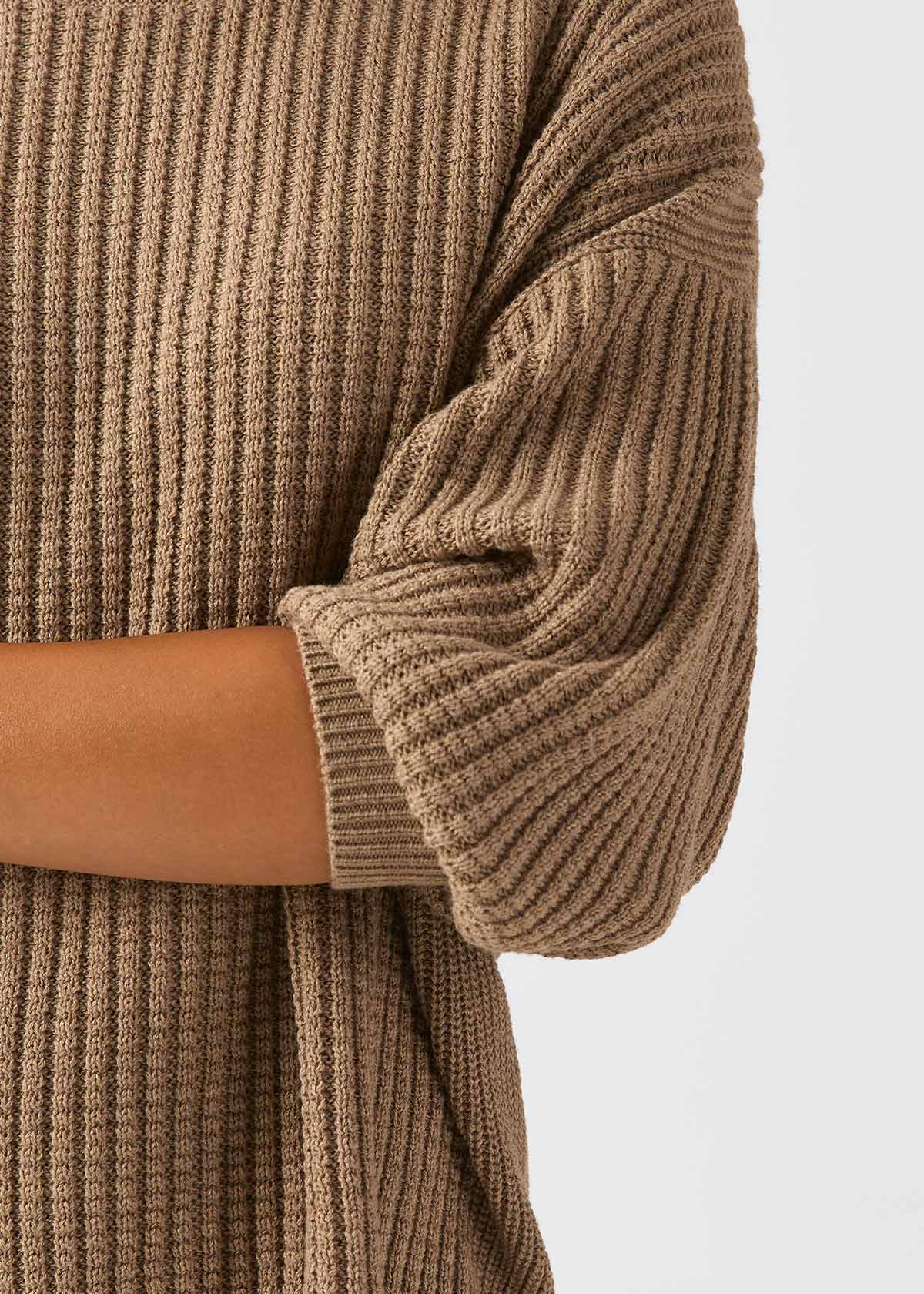 womens-easyknit-lite-crew-neck-heather-oatmeal left sleeve detail