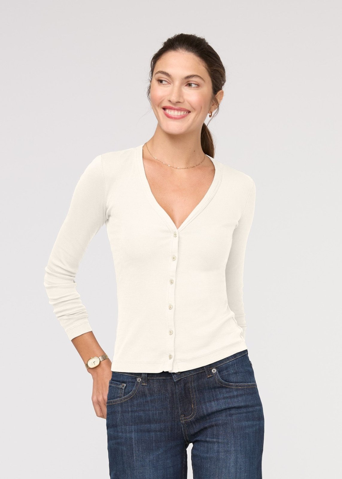 womens ecru fitted pima cotton long sleeve button down front