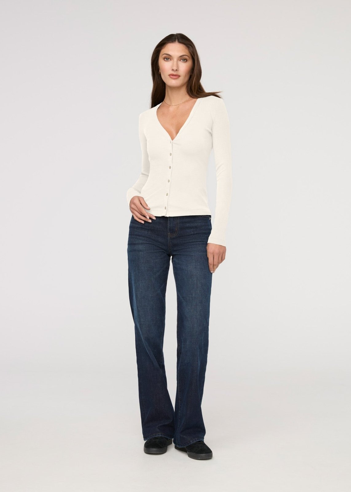 womens ecru fitted pima cotton long sleeve button down full body