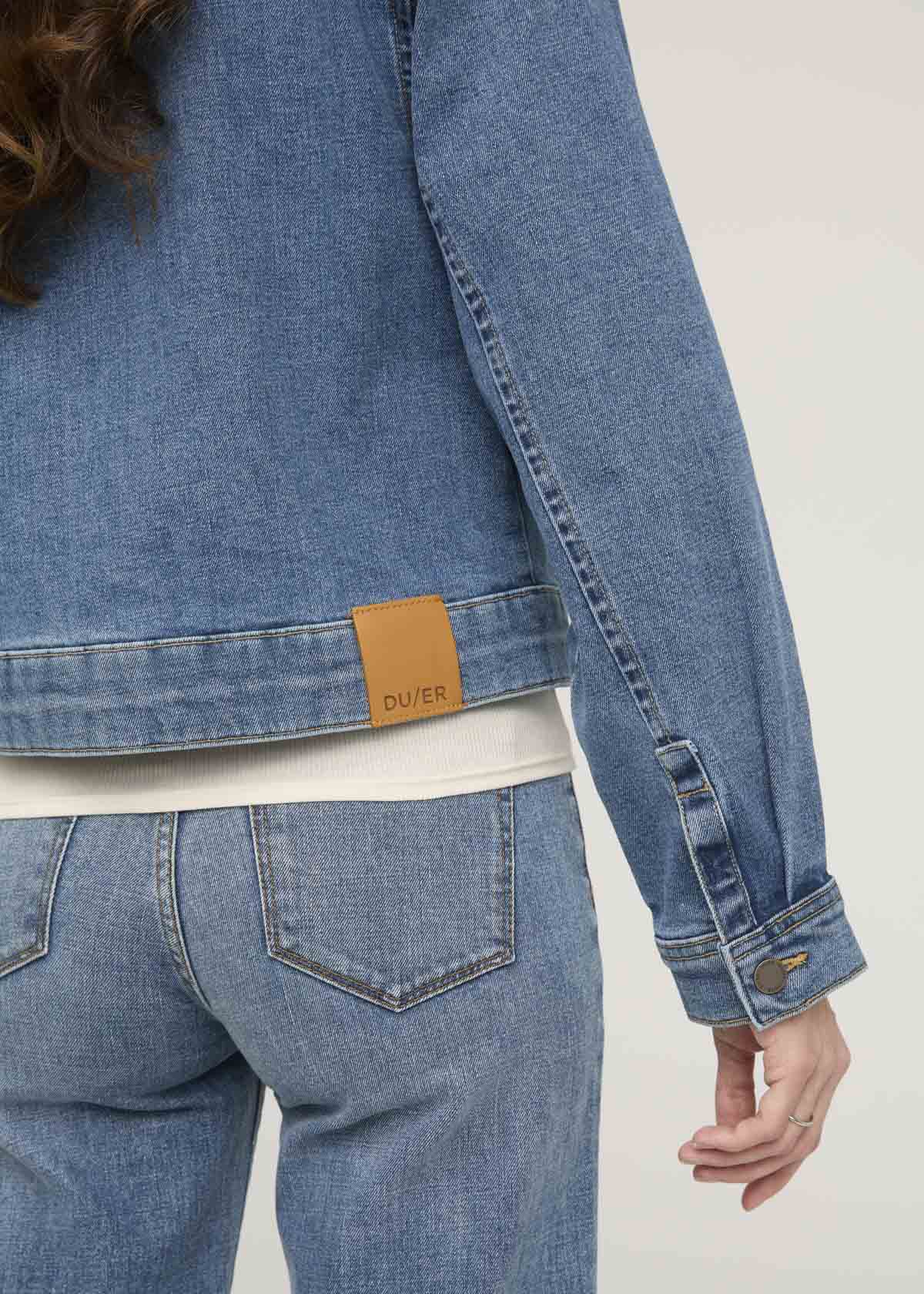 women's midweight denim pleated jacket back patch and sleeve detail