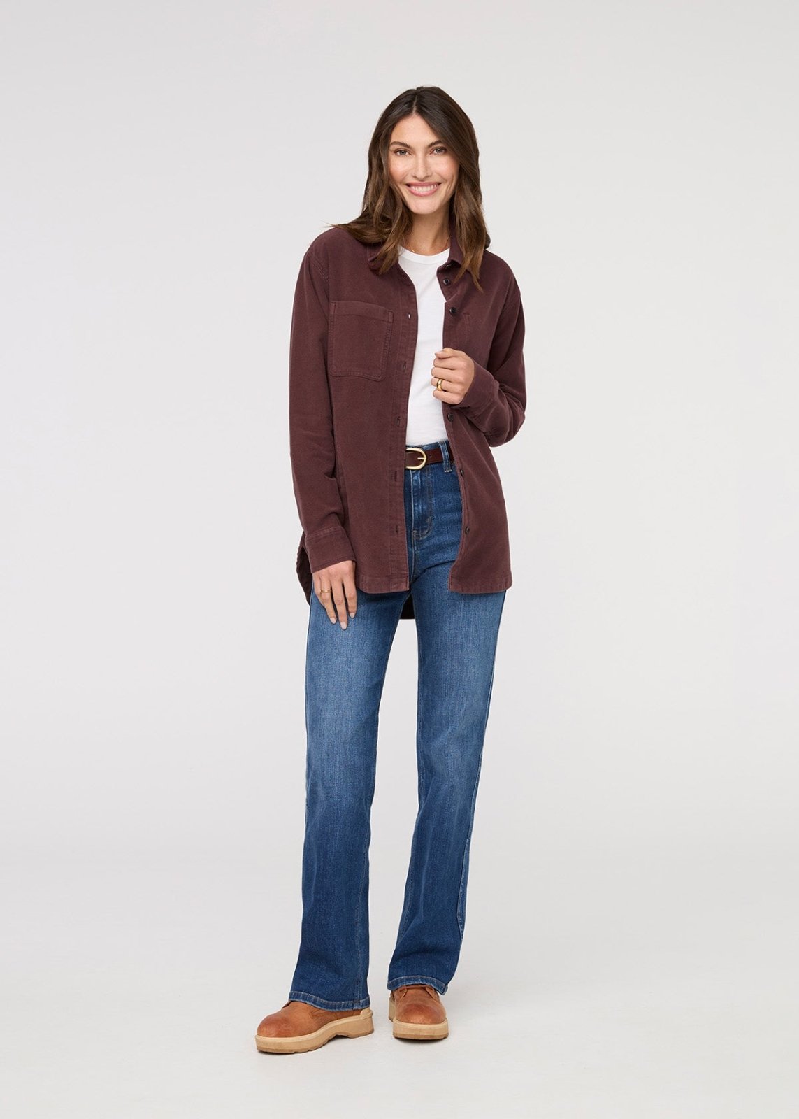 womens rich maroon moleskin overshirt full body