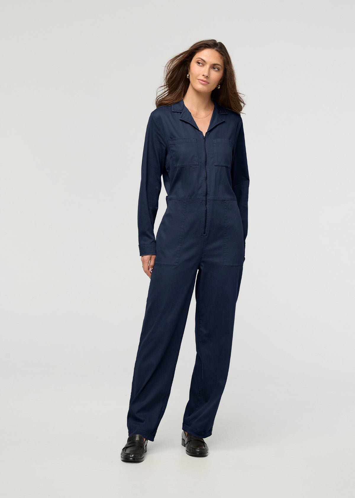 Women's Navy Relaxed Twill Jumpsuit full font body