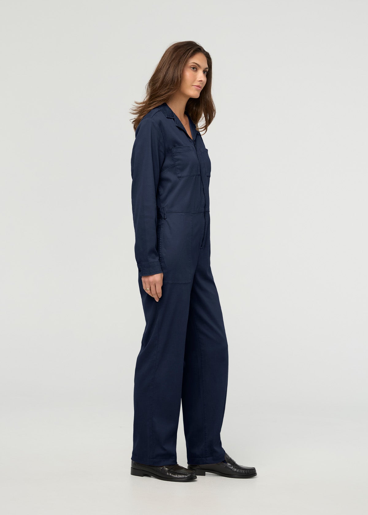 Women's Navy Relaxed Twill Jumpsuit full body side