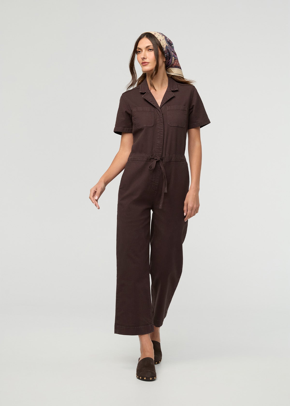 Stretch Canvas Girlfriend Jumpsuit - Garment Dye Espresso full front body