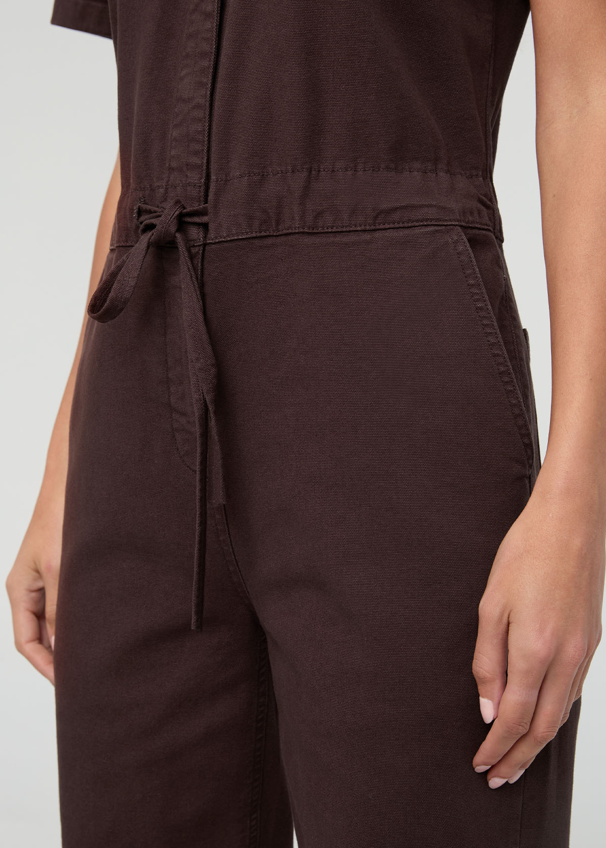 Stretch Canvas Girlfriend Jumpsuit - Garment Dye Espresso front hip detail
