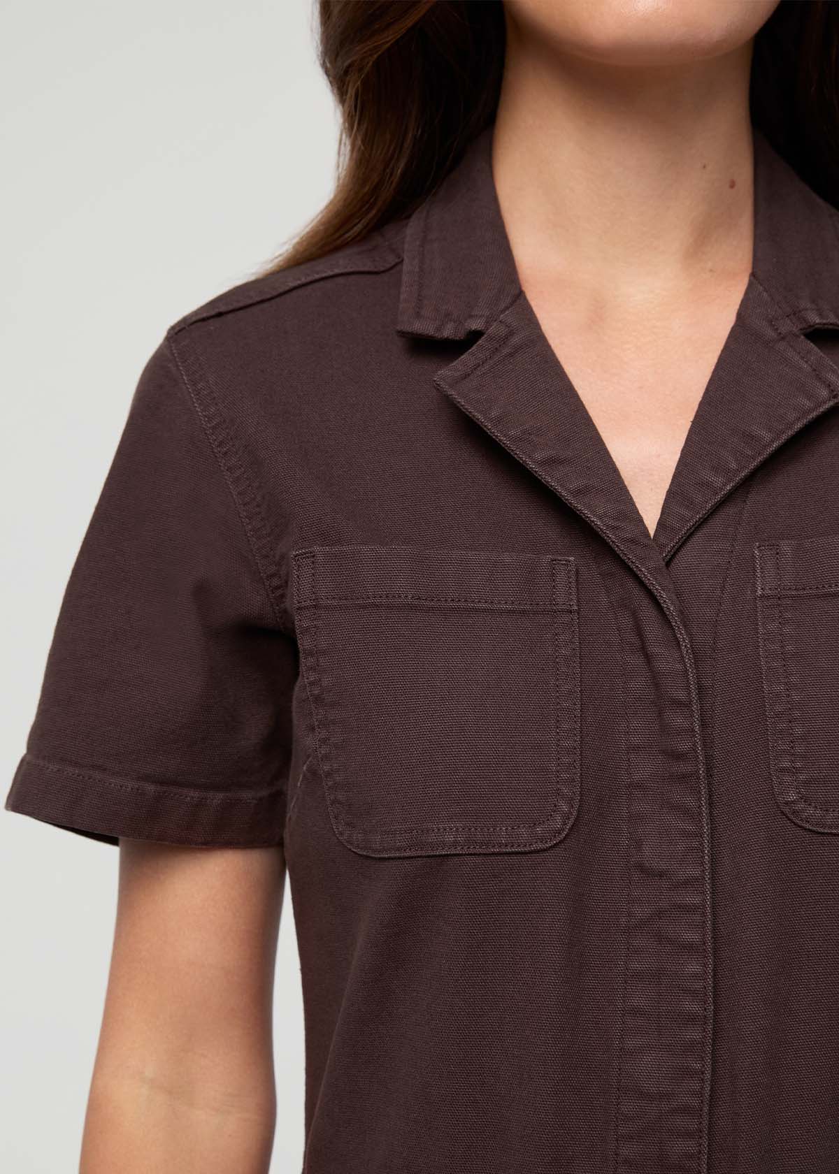 Stretch Canvas Girlfriend Jumpsuit - Garment Dye Espresso front pocket detail