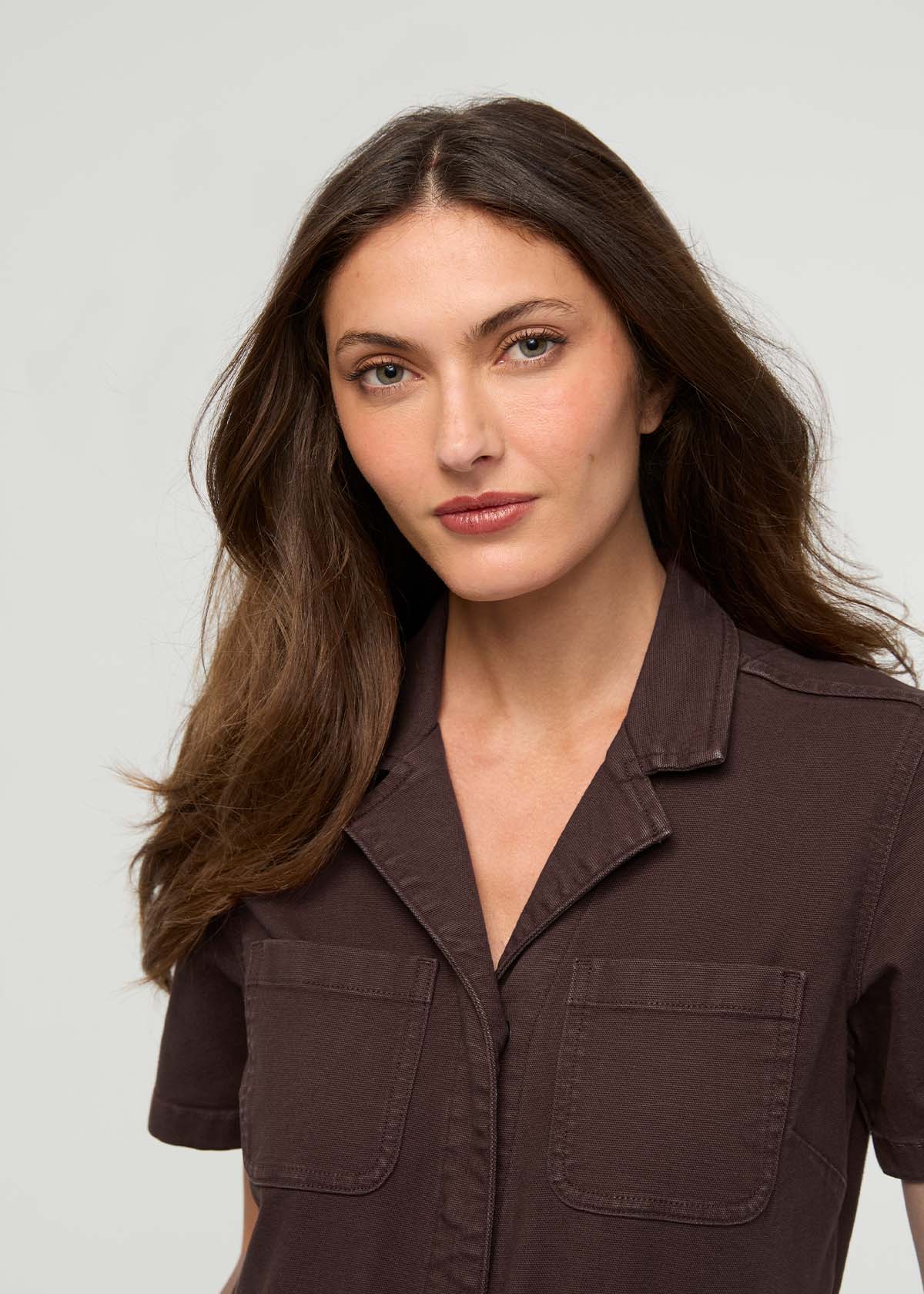Stretch Canvas Girlfriend Jumpsuit - Garment Dye Espresso front detail