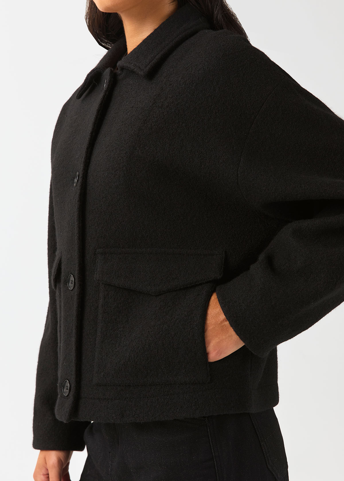 Women's Black Thermasoft Merino Jacket left side pocket detail