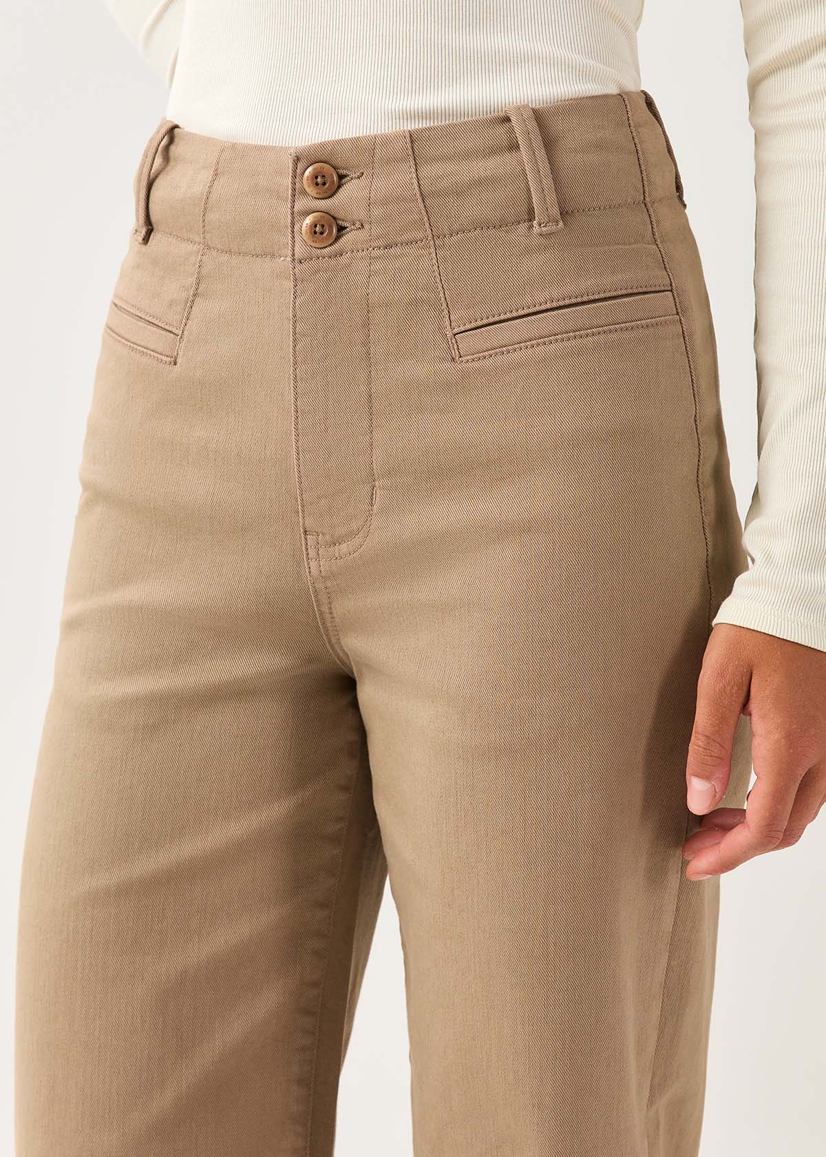 Women's Desert Tan High Rise Trouser front button detail