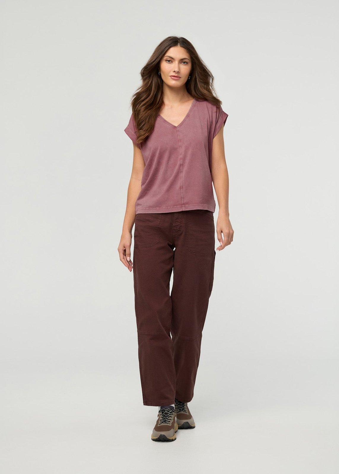 T-shirt femme 100 % coton Pima, couleur rose poudré délavé, avec imprimé sur toute la face avant
