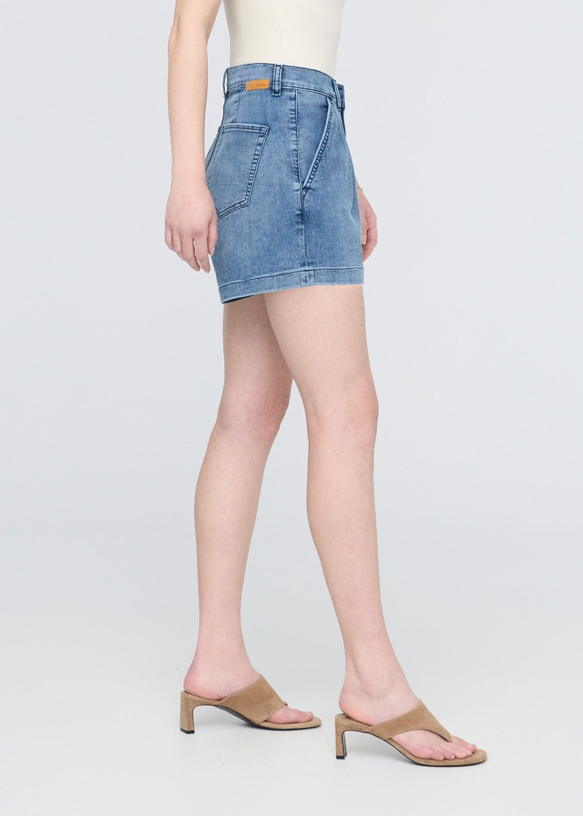 womens slate indigo denim lite pleated shorts side