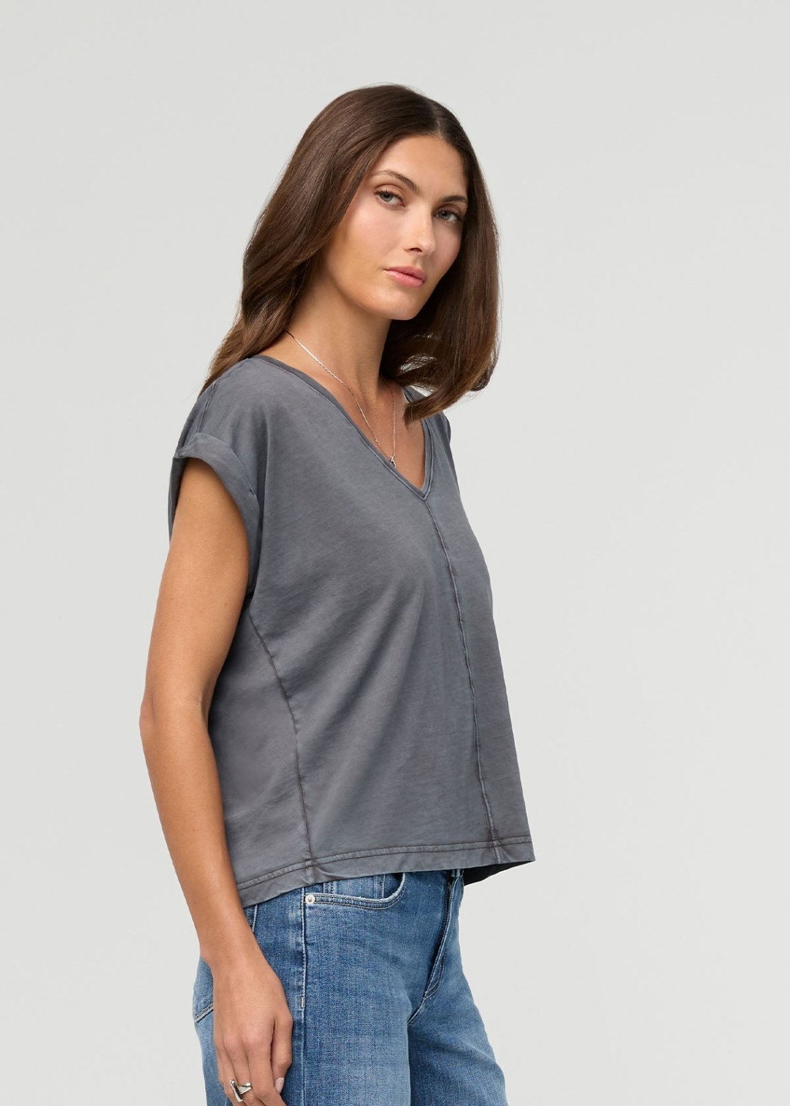 Women's Washed Grey Pima Cotton Dolman V-Neck side