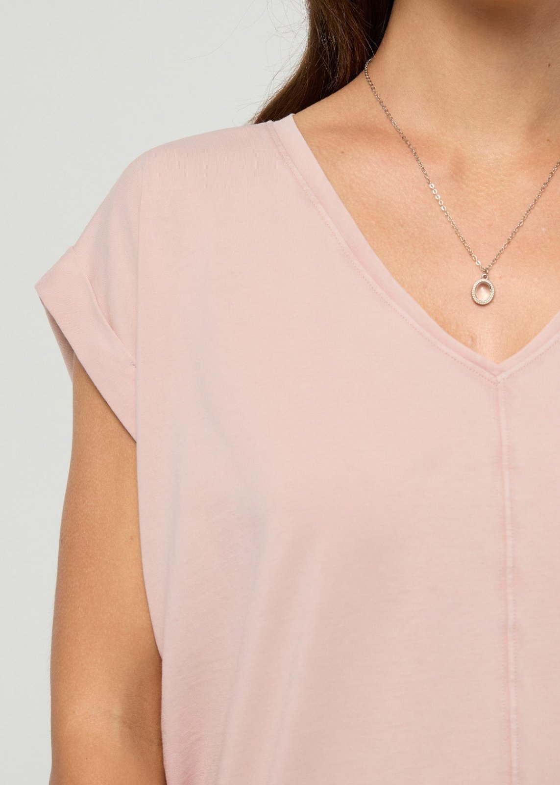 Women's Washed Soft Rose Pima Cotton Dolman V-Neck Front Detail