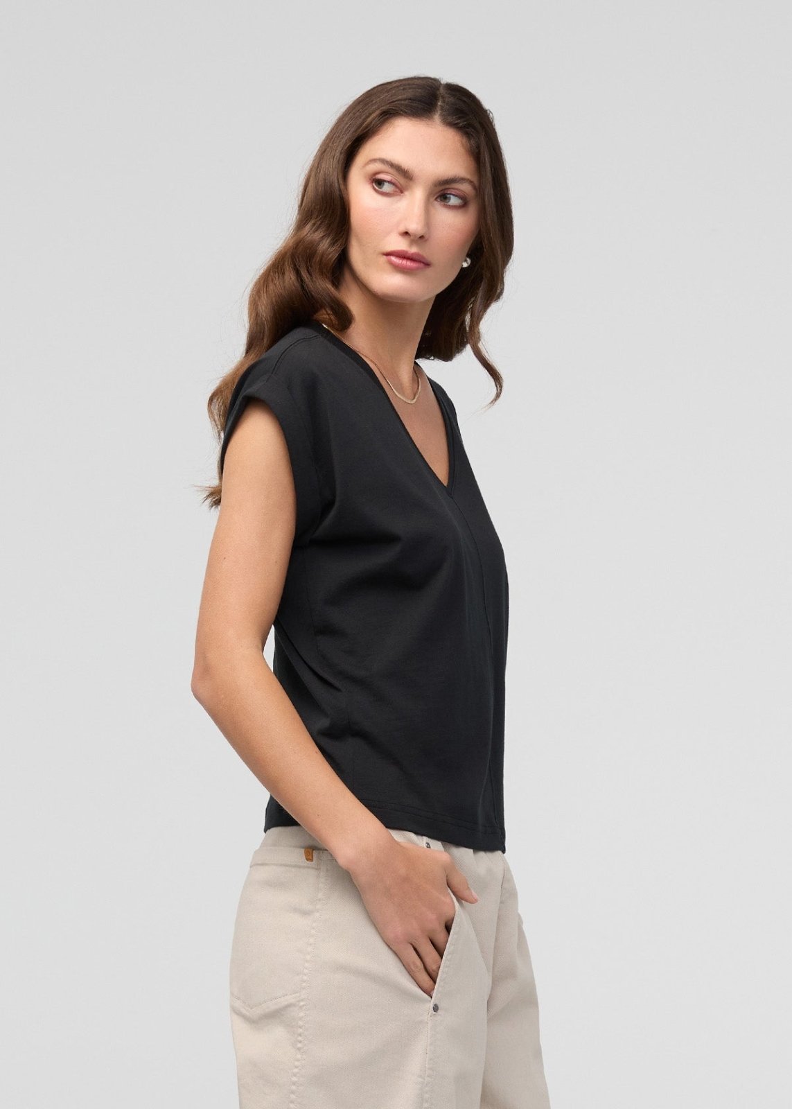 Women's Black Pima Cotton Dolman V-Neck Side