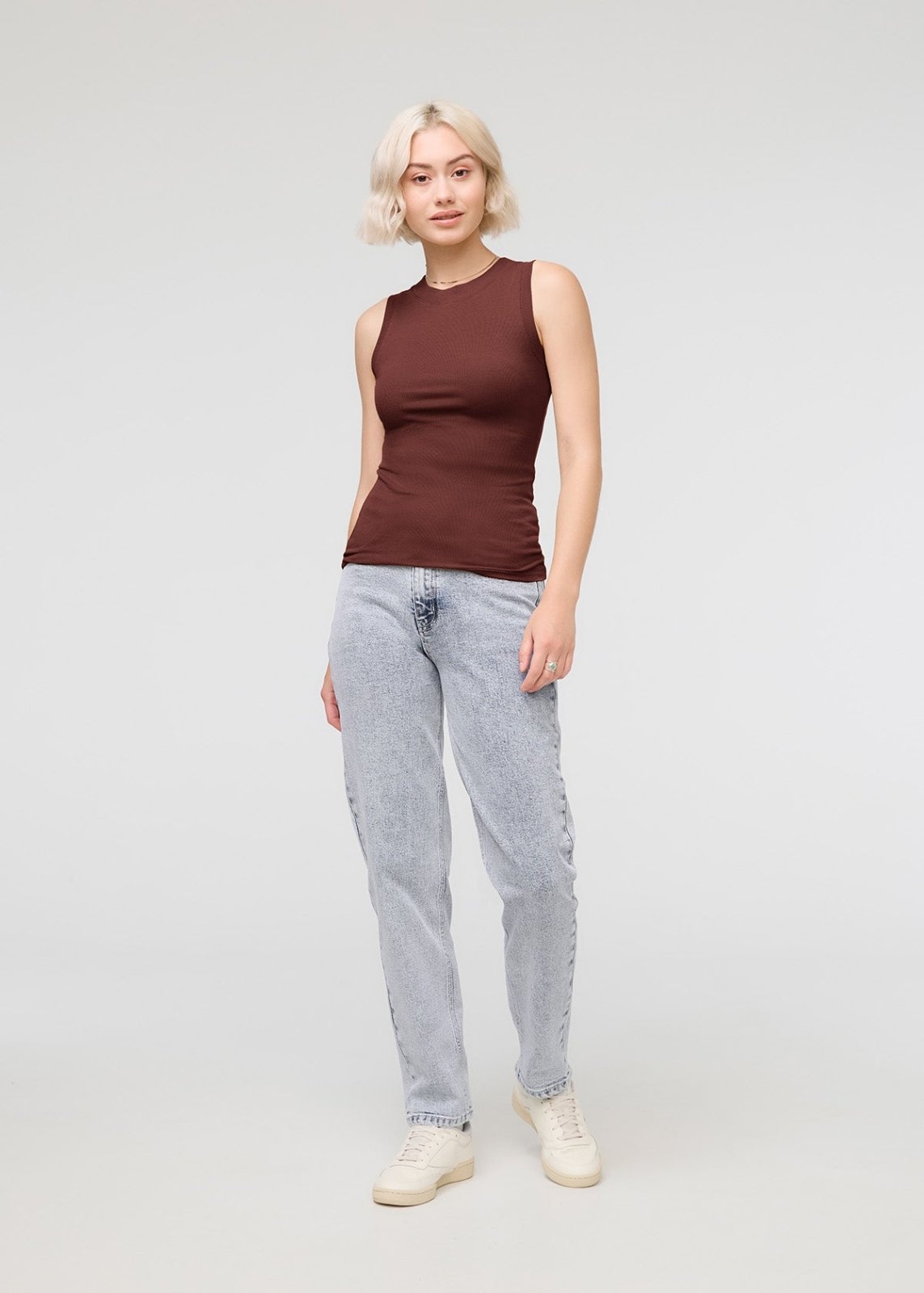 womens rich maroon ribbed pima cotton high neck tank full body