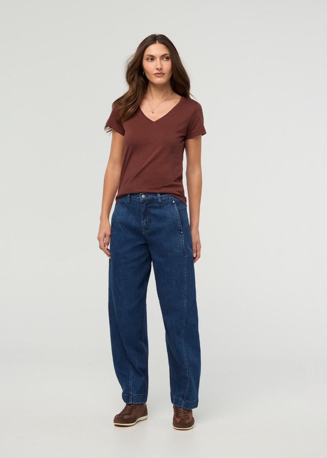 Women's Chestnut 100% Pima Cotton V-Neck front full body