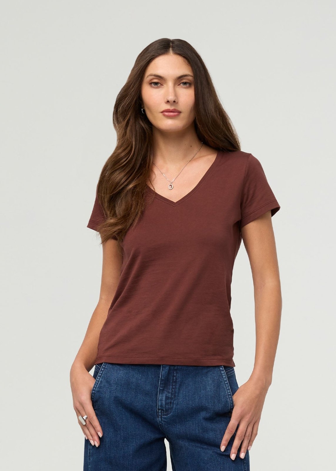 Women's Chestnut 100% Pima Cotton V-Neck front