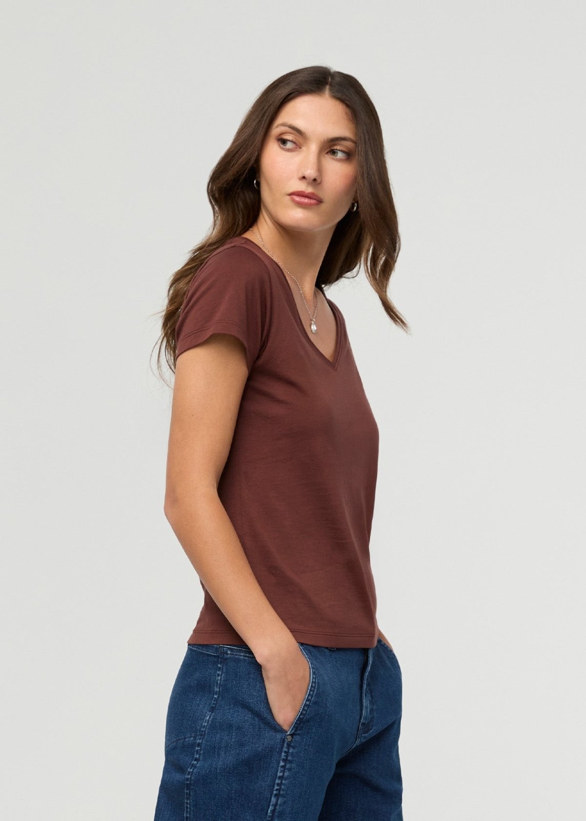 Women's Chestnut 100% Pima Cotton V-Neck side