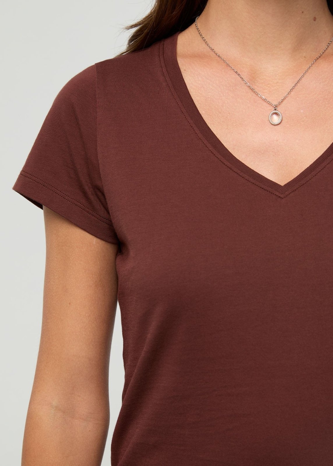 Women's Chestnut 100% Pima Cotton V-Neck front sleeve detail