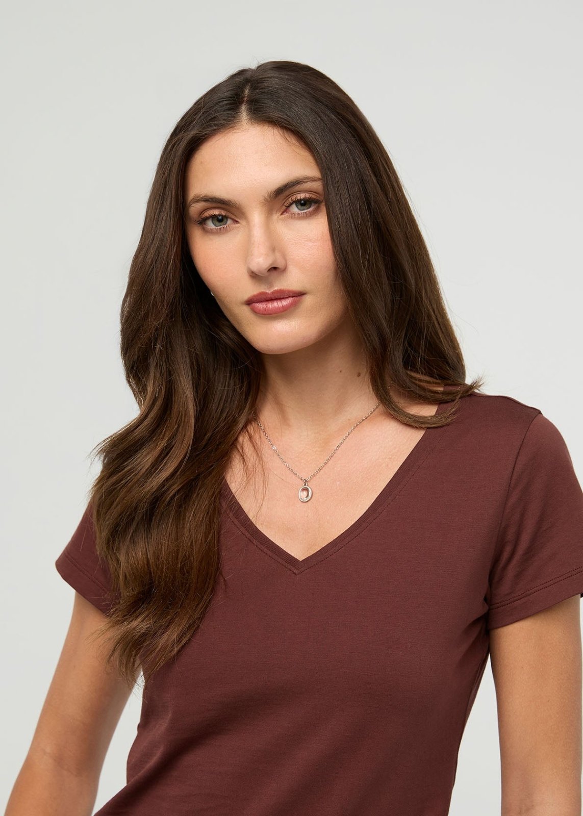 Women's Chestnut 100% Pima Cotton V-Neck front neck detail
