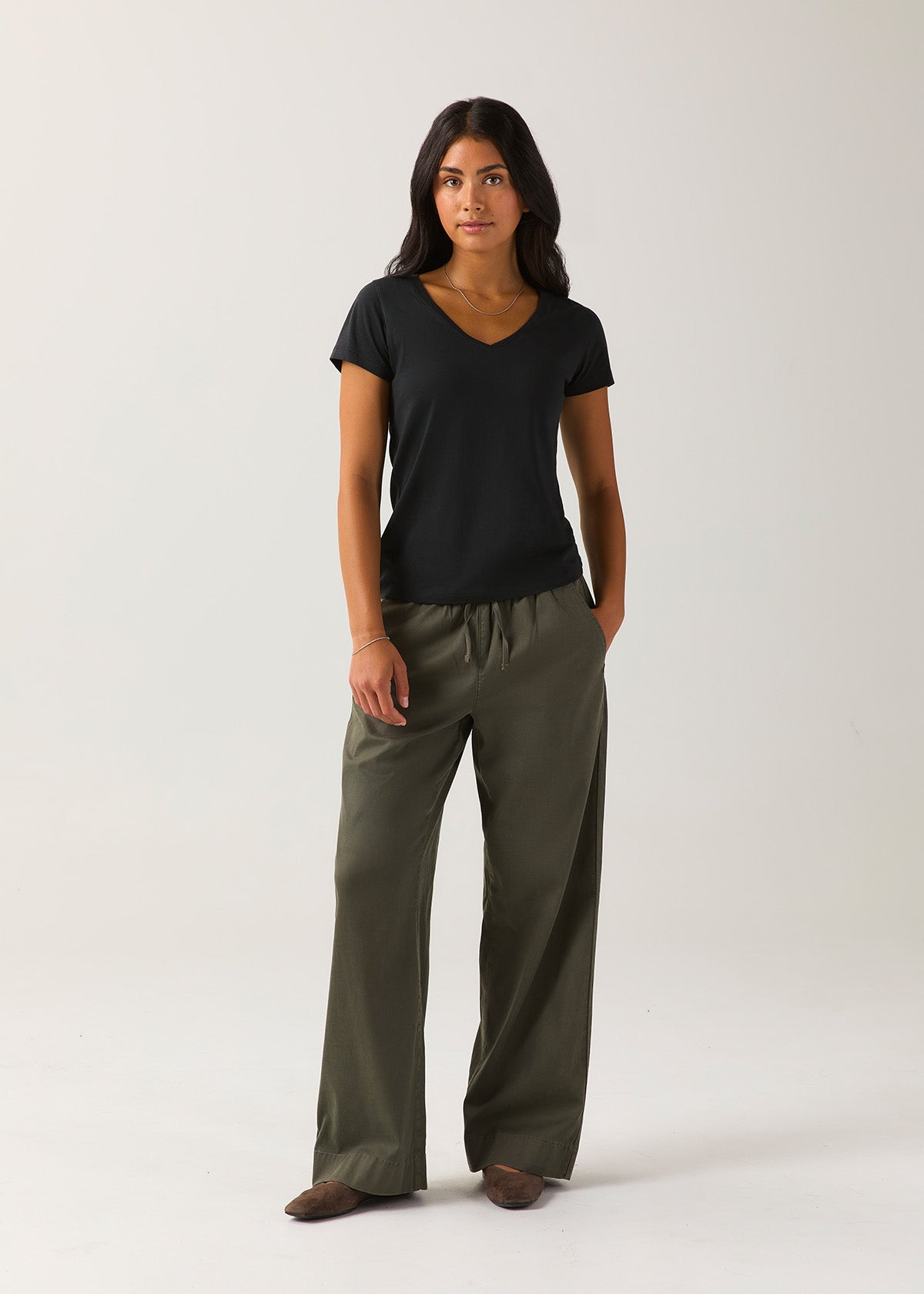 Women's Black 100% Pima Cotton V-Neck full body front