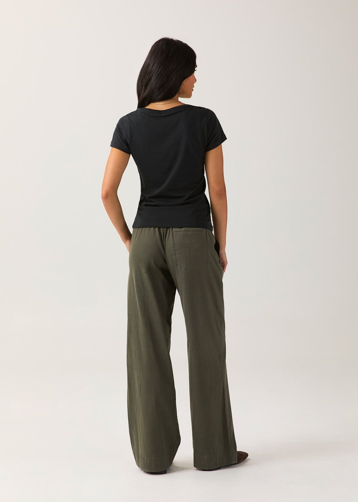 Women's Black 100% Pima Cotton V-Neck full body back