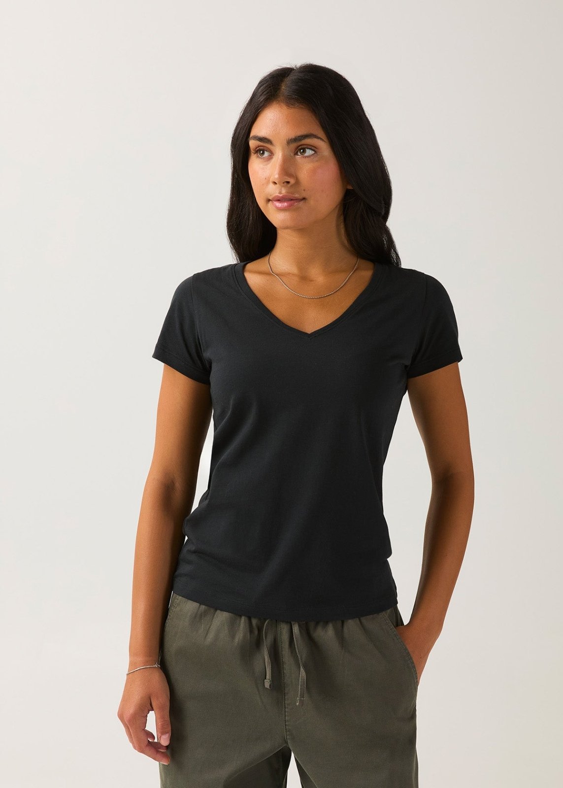 Women's Black 100% Pima Cotton V-Neck front