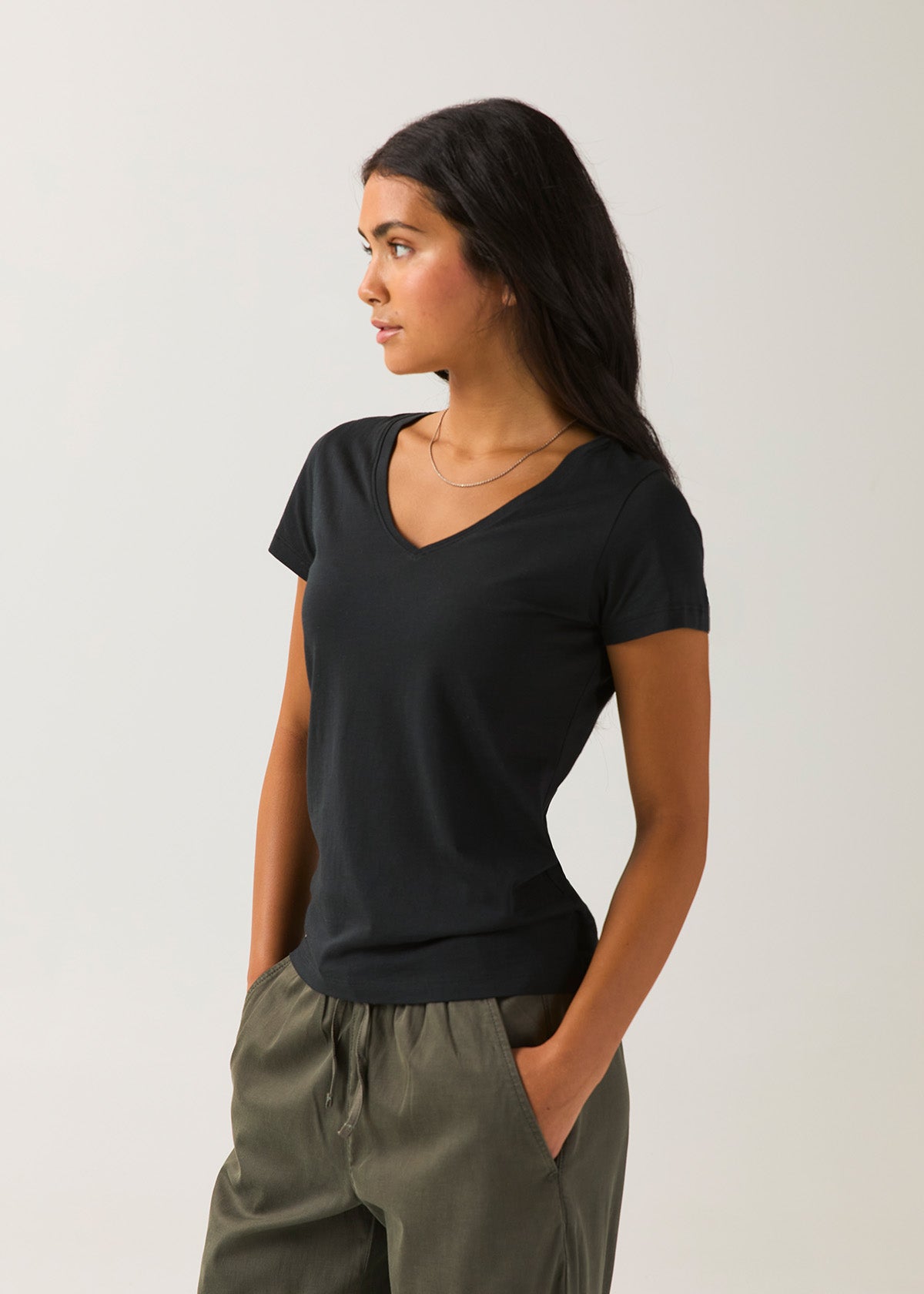 Women's Black 100% Pima Cotton V-Neck side
