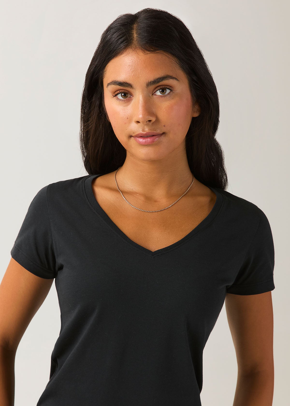 Women's Black 100% Pima Cotton V-Neck front neck detail