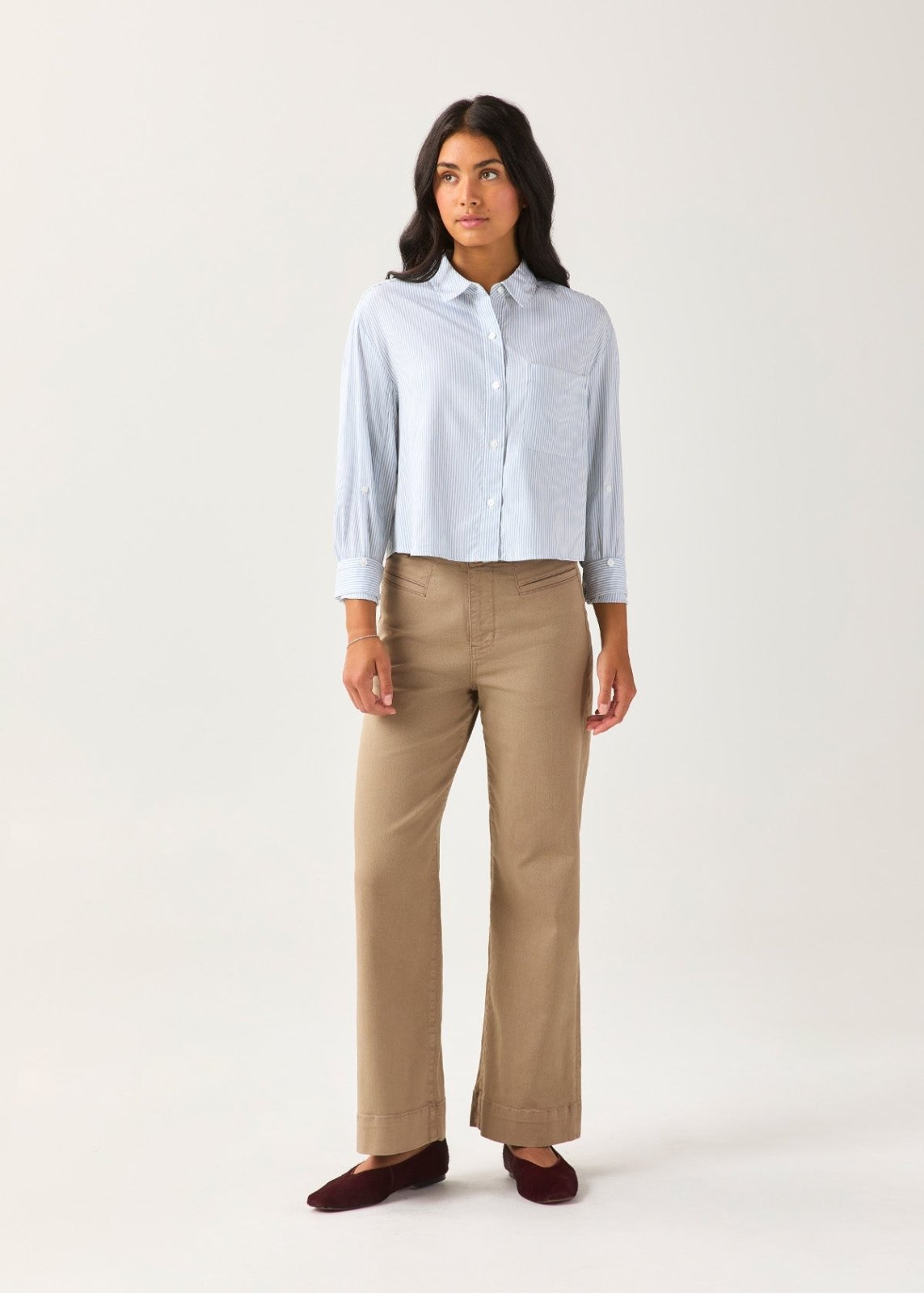 Women's Light Blue Stripe Twill Button Down front bull body