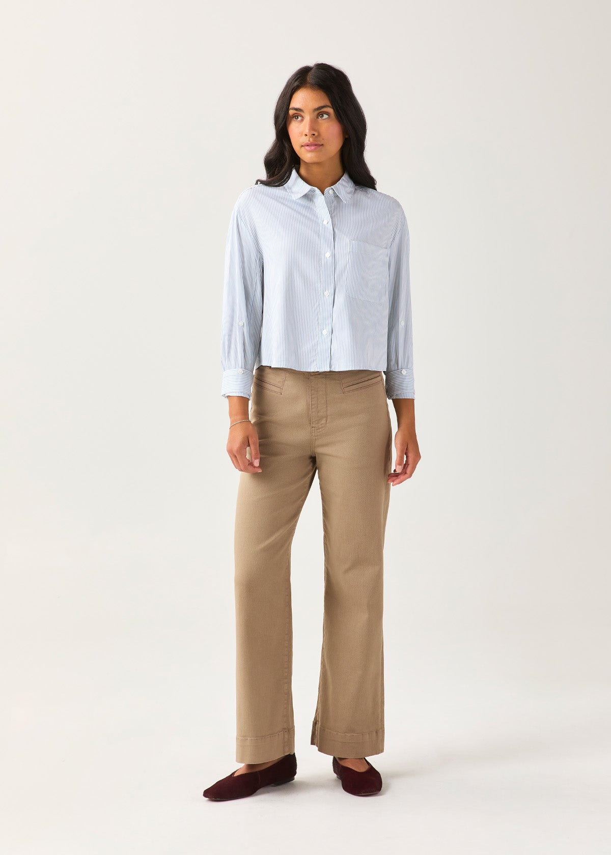 Women's Light Blue Stripe Twill Button Down front bull body