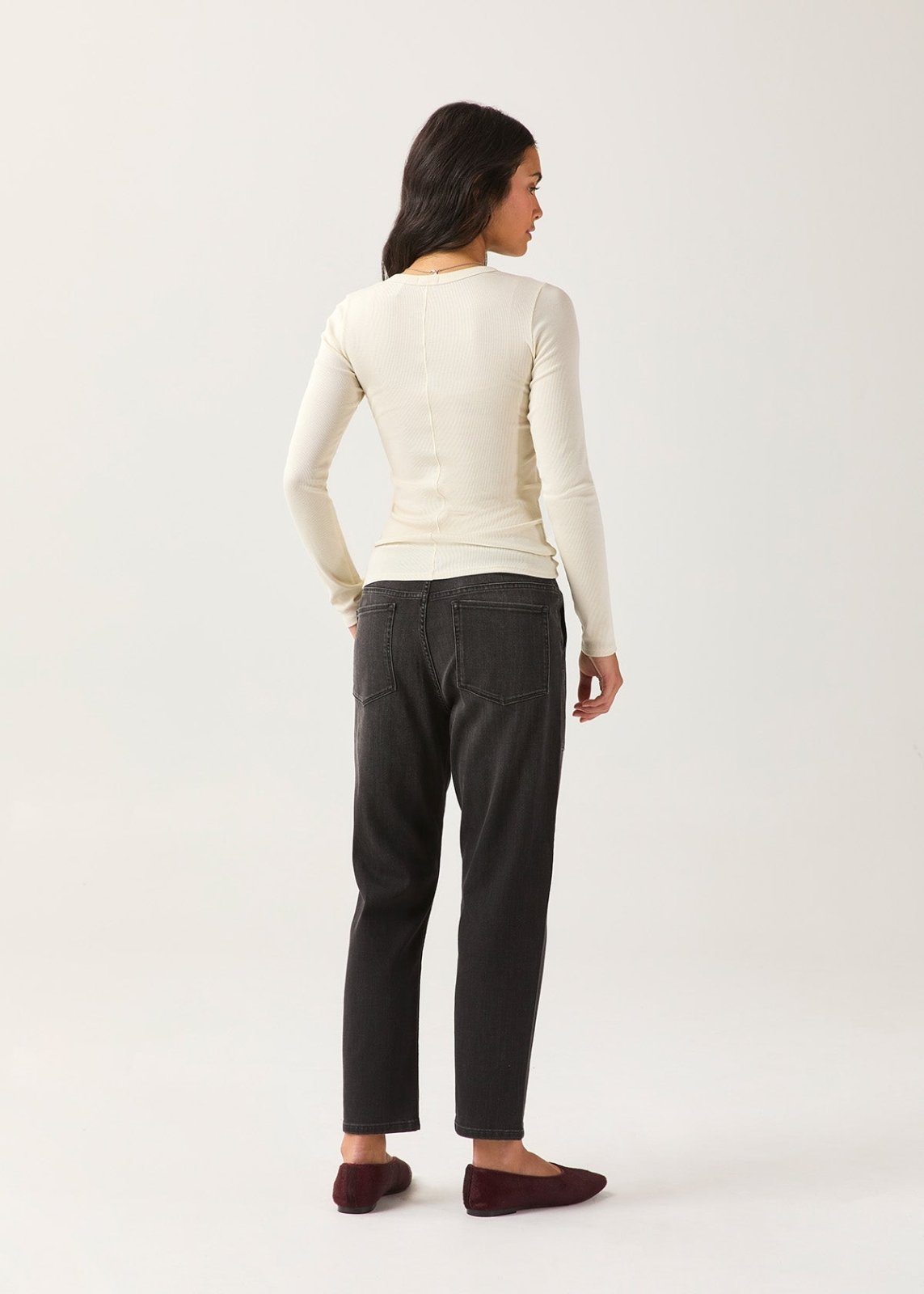 Women's Ecru Fitted Pima Cotton Henley full body back