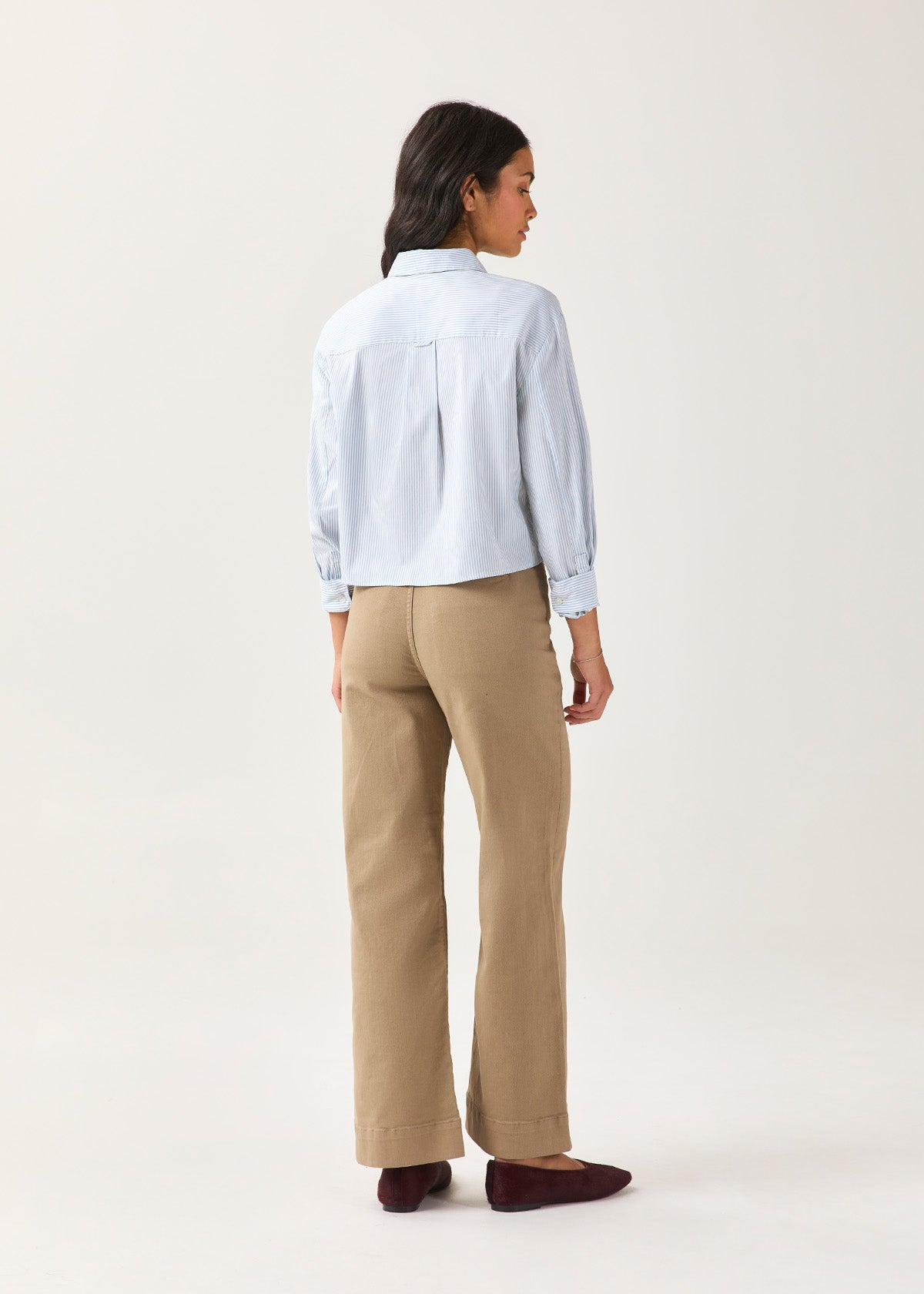 Women's Light Blue Stripe Twill Button Down back full body