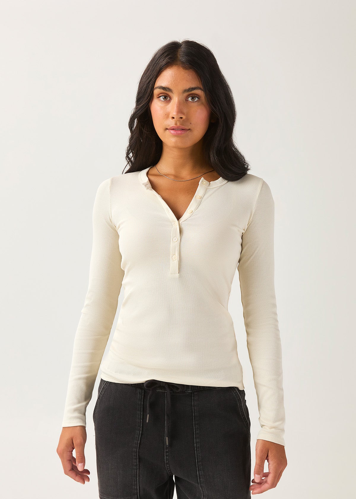 Women's Ecru Fitted Pima Cotton Henley front