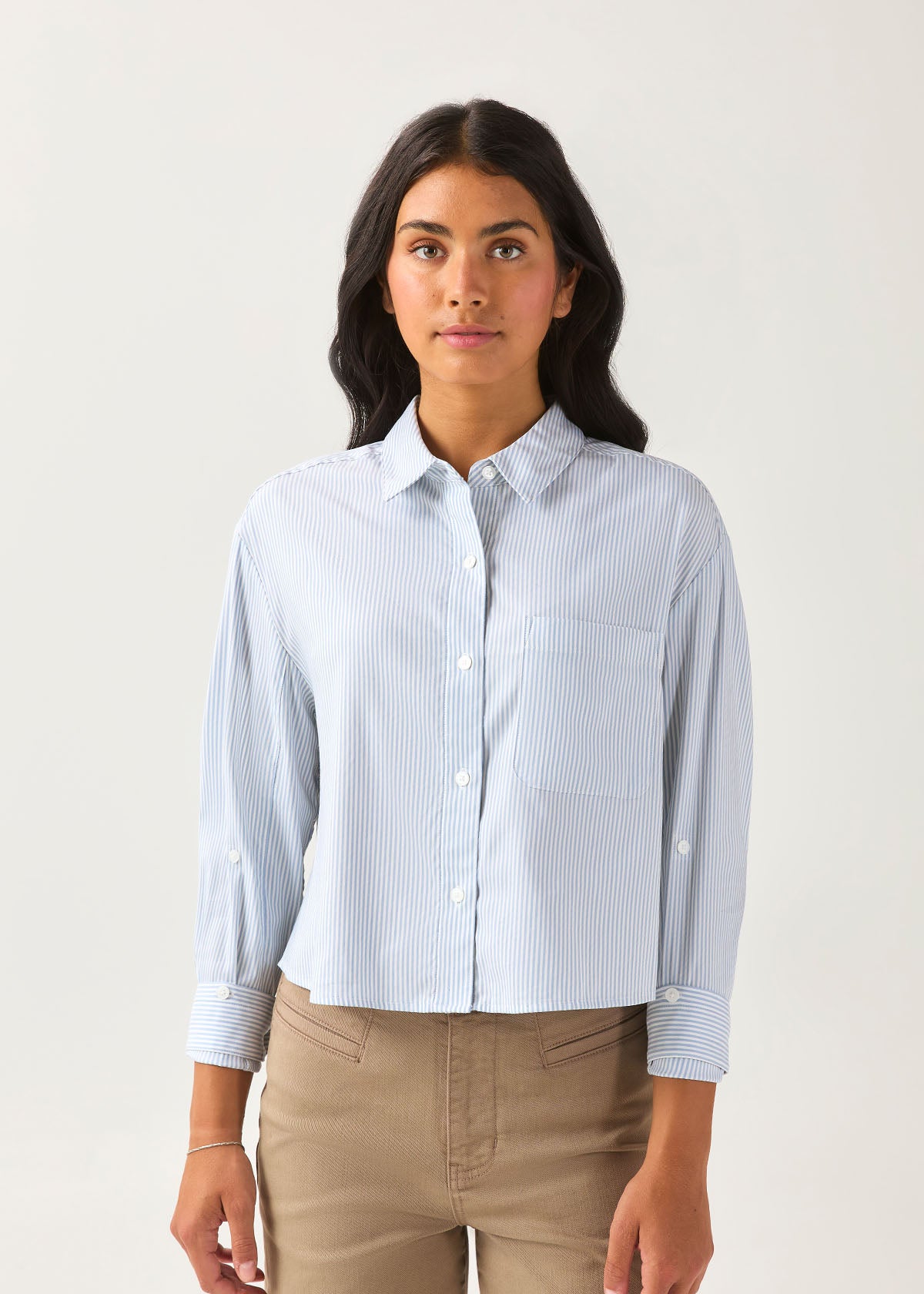 Women's Light Blue Stripe Twill Button Down front