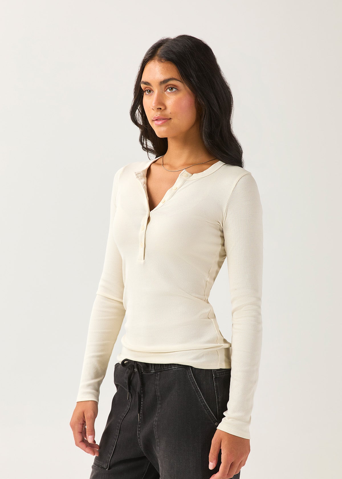 Women's Ecru Fitted Pima Cotton Henley side
