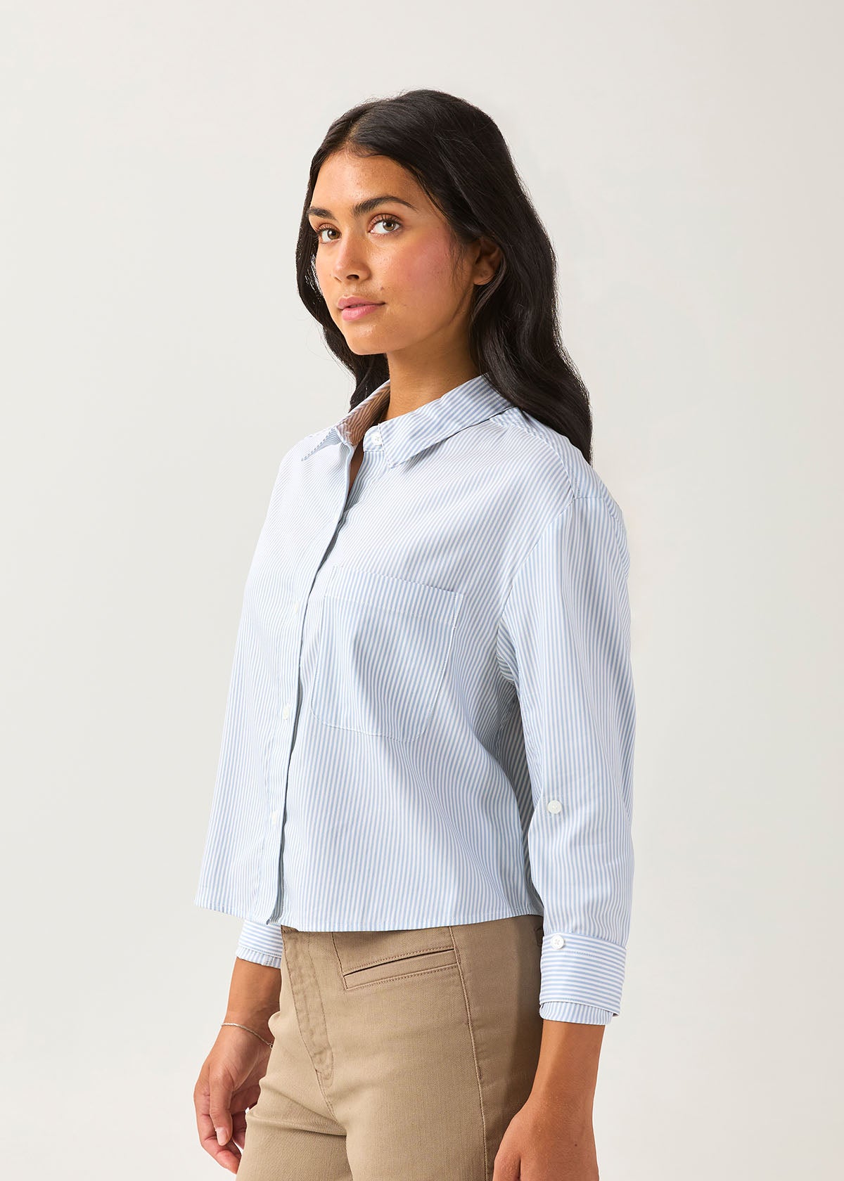 Women's Light Blue Stripe Twill Button Down side