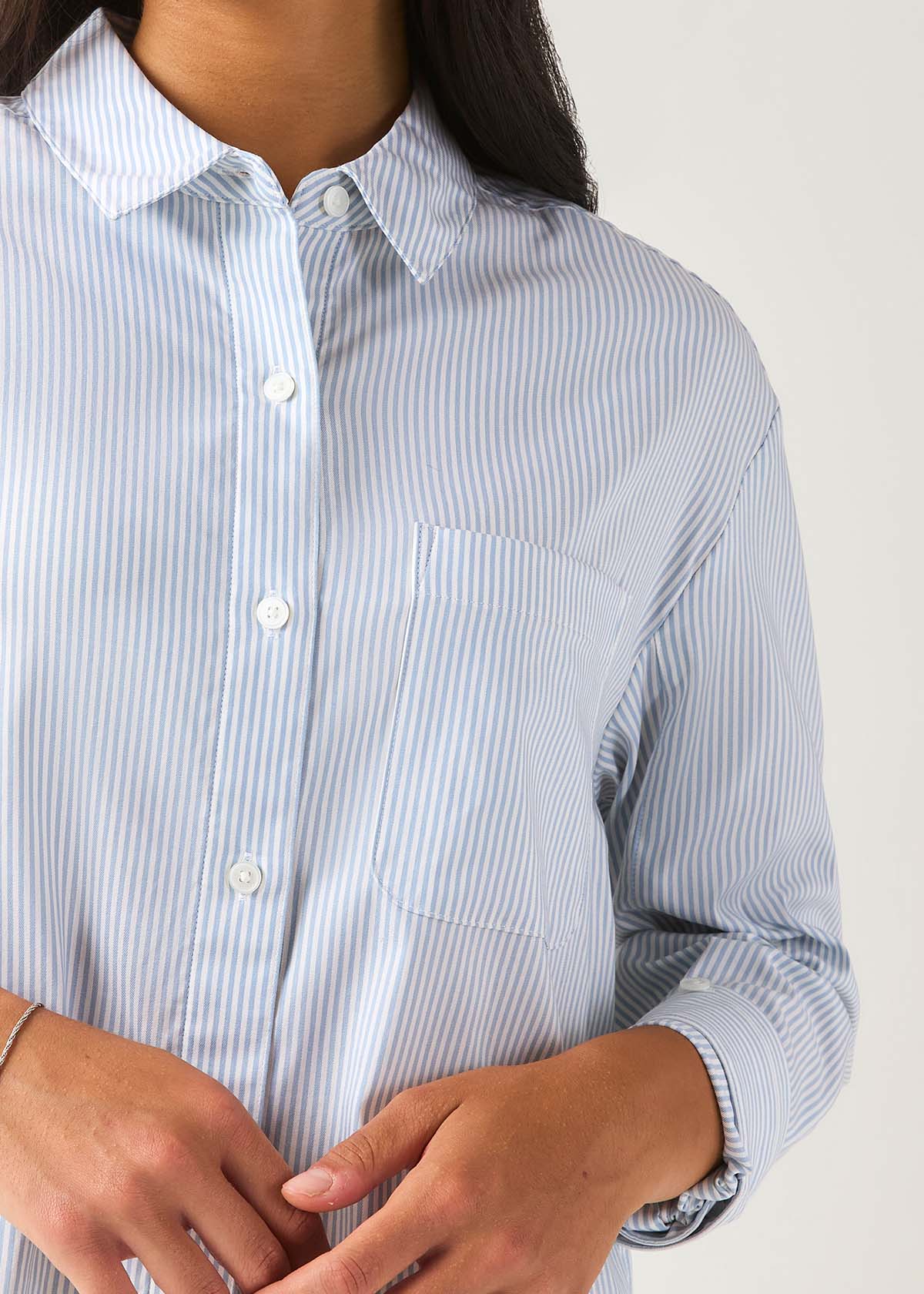 Women's Light Blue Stripe Twill Button Down front pocket detail