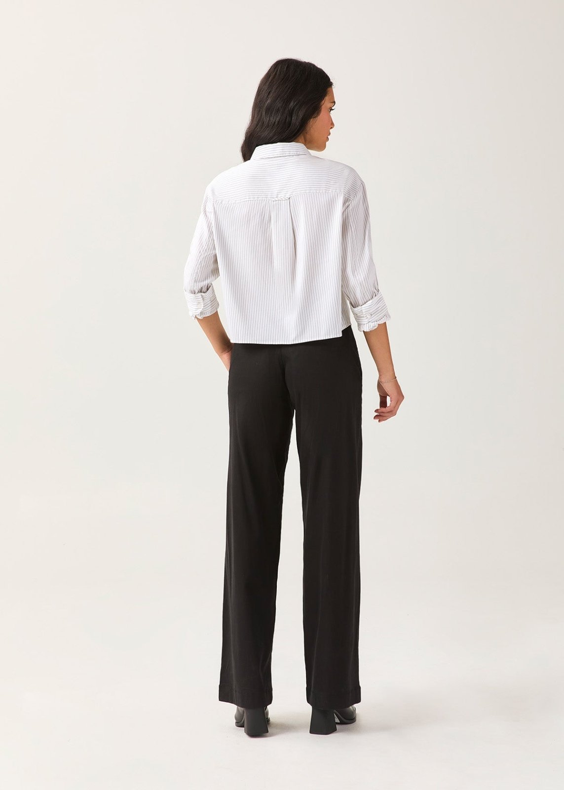 Women's White Fine Stripe Twill Button Down full body back
