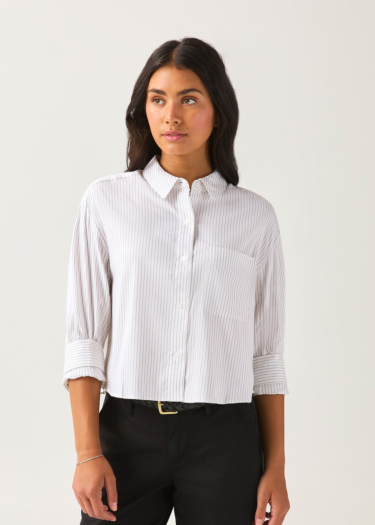 Women's White Fine Stripe Twill Button Down front