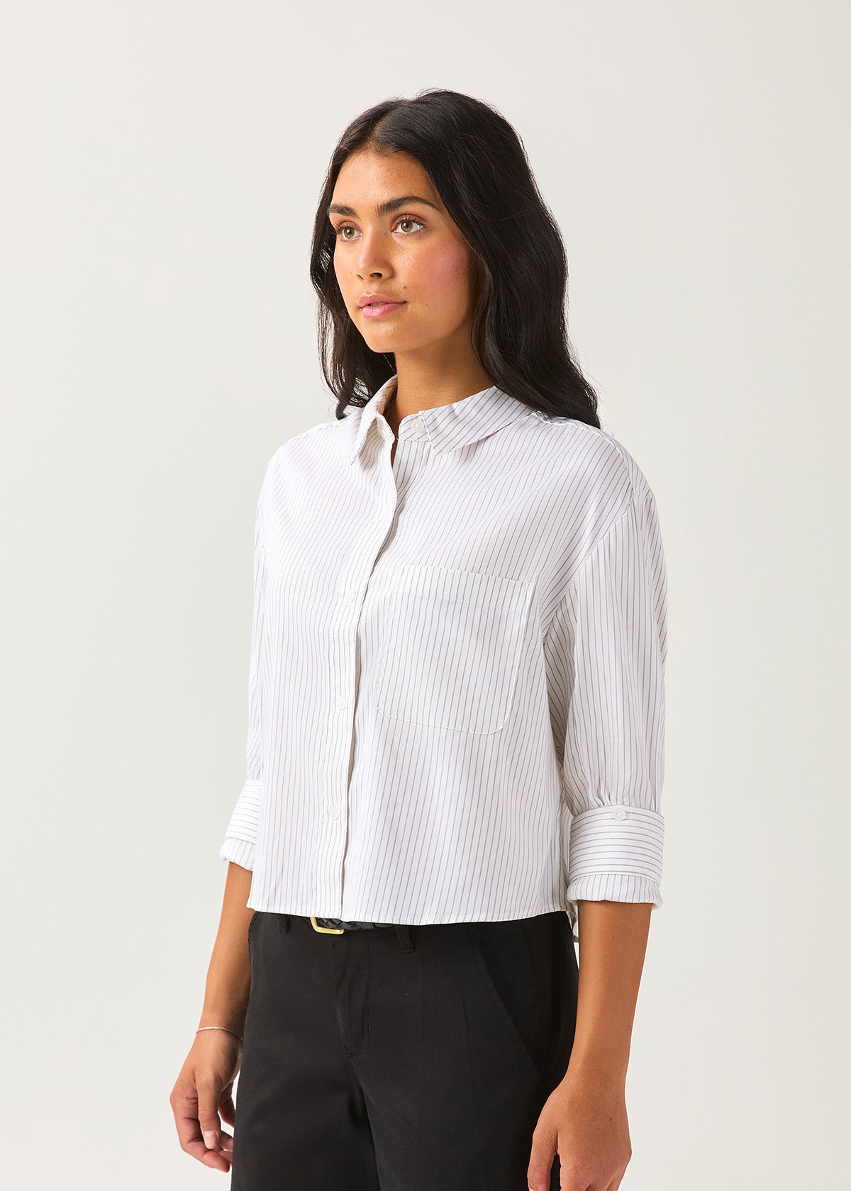 Women's White Fine Stripe Twill Button Down side