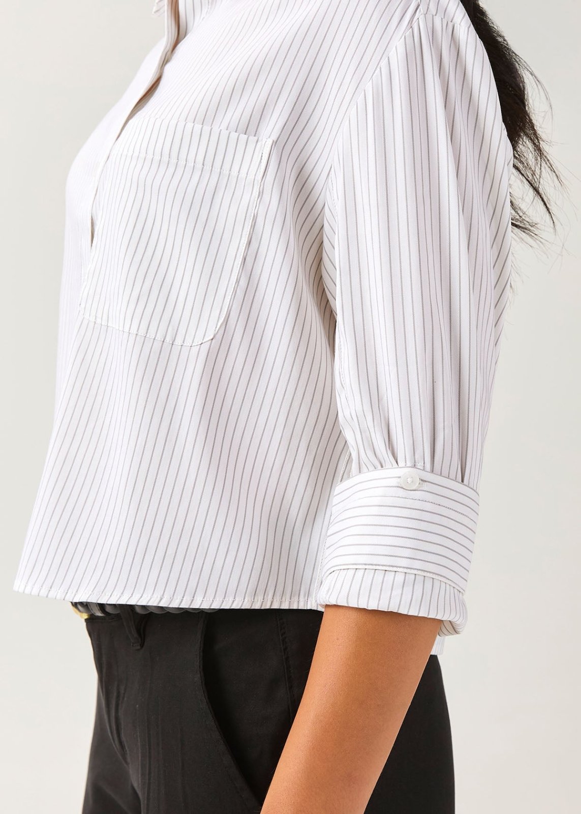 Women's White Fine Stripe Twill Button Down left sleeve detail