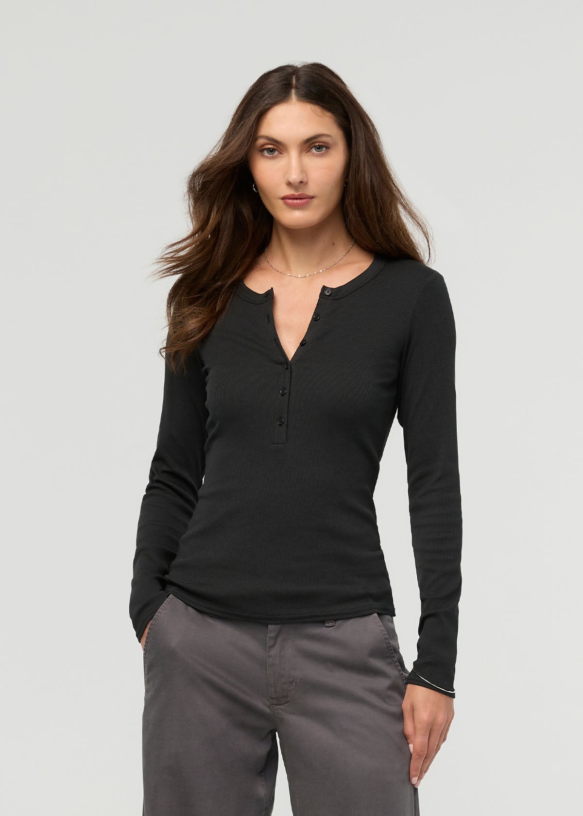 Women's Black Fitted Pima Cotton Henley front