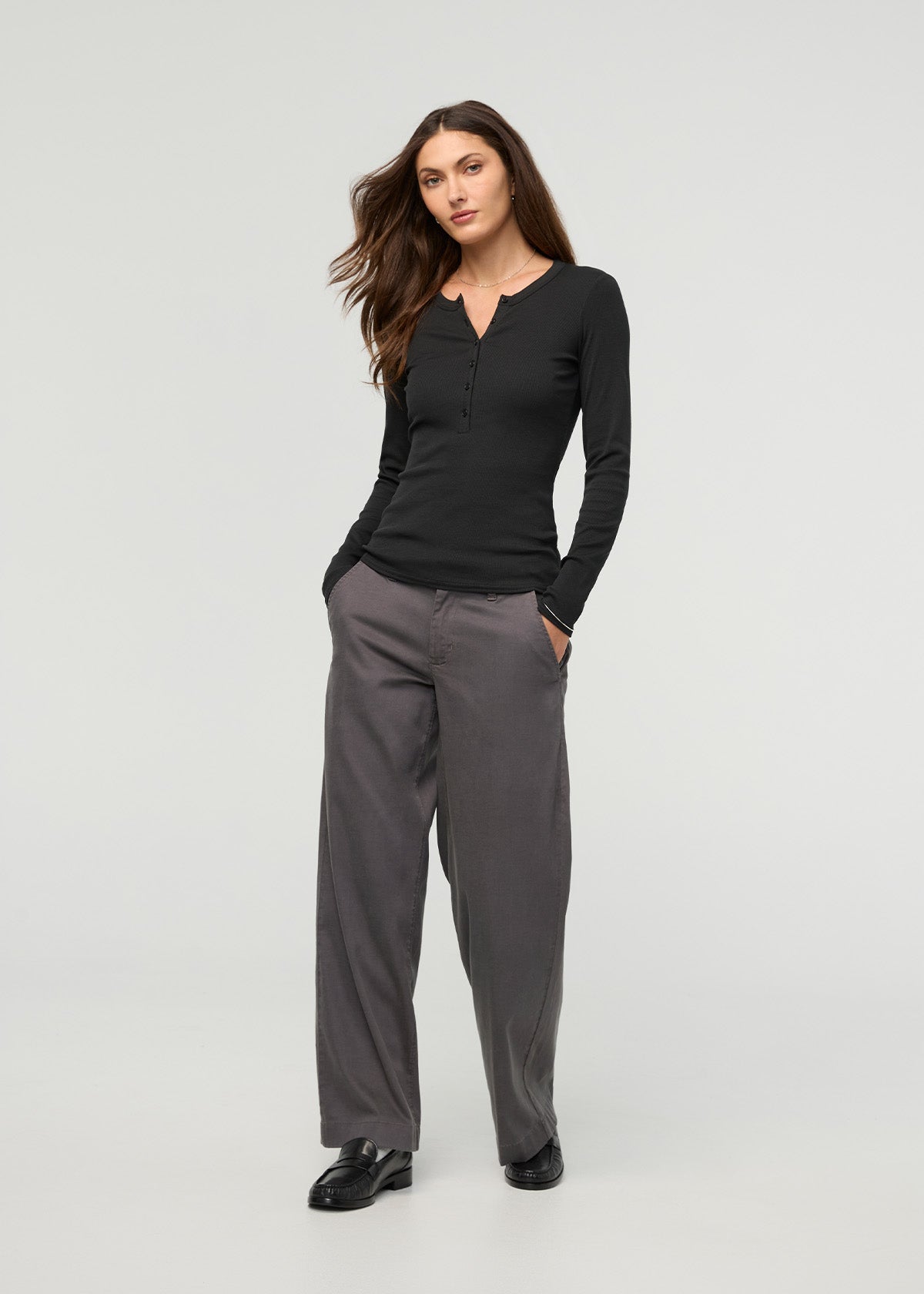Women's Black Fitted Pima Cotton Henley front front full body