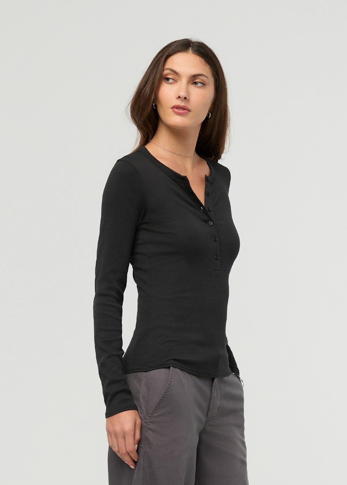 Women's Black Fitted Pima Cotton Henley front side