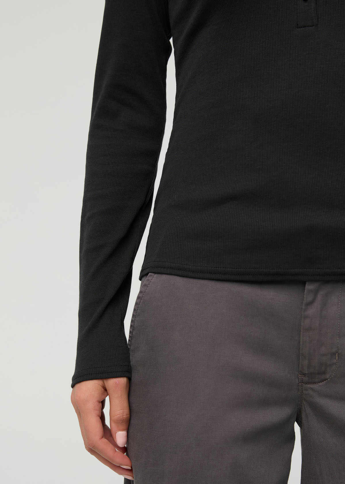 Women's Black Fitted Pima Cotton Henley front sleeve detail