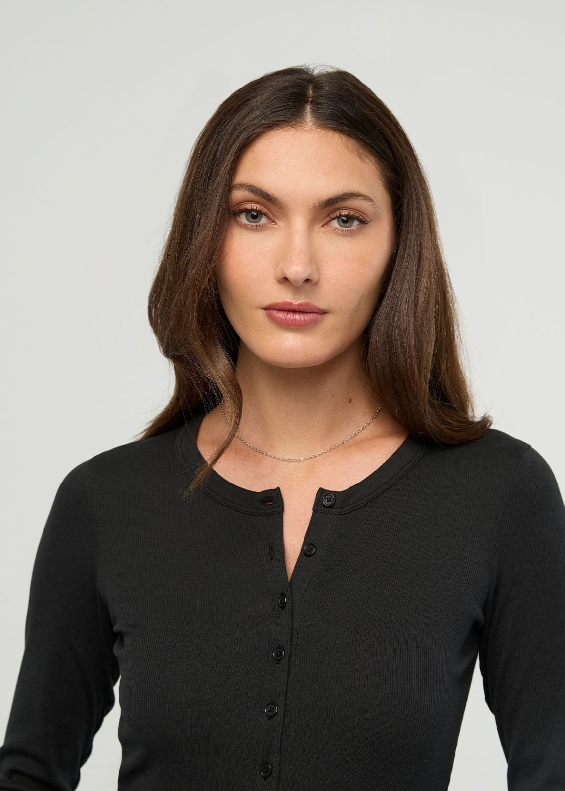 Women's Black Fitted Pima Cotton Henley front front button detail