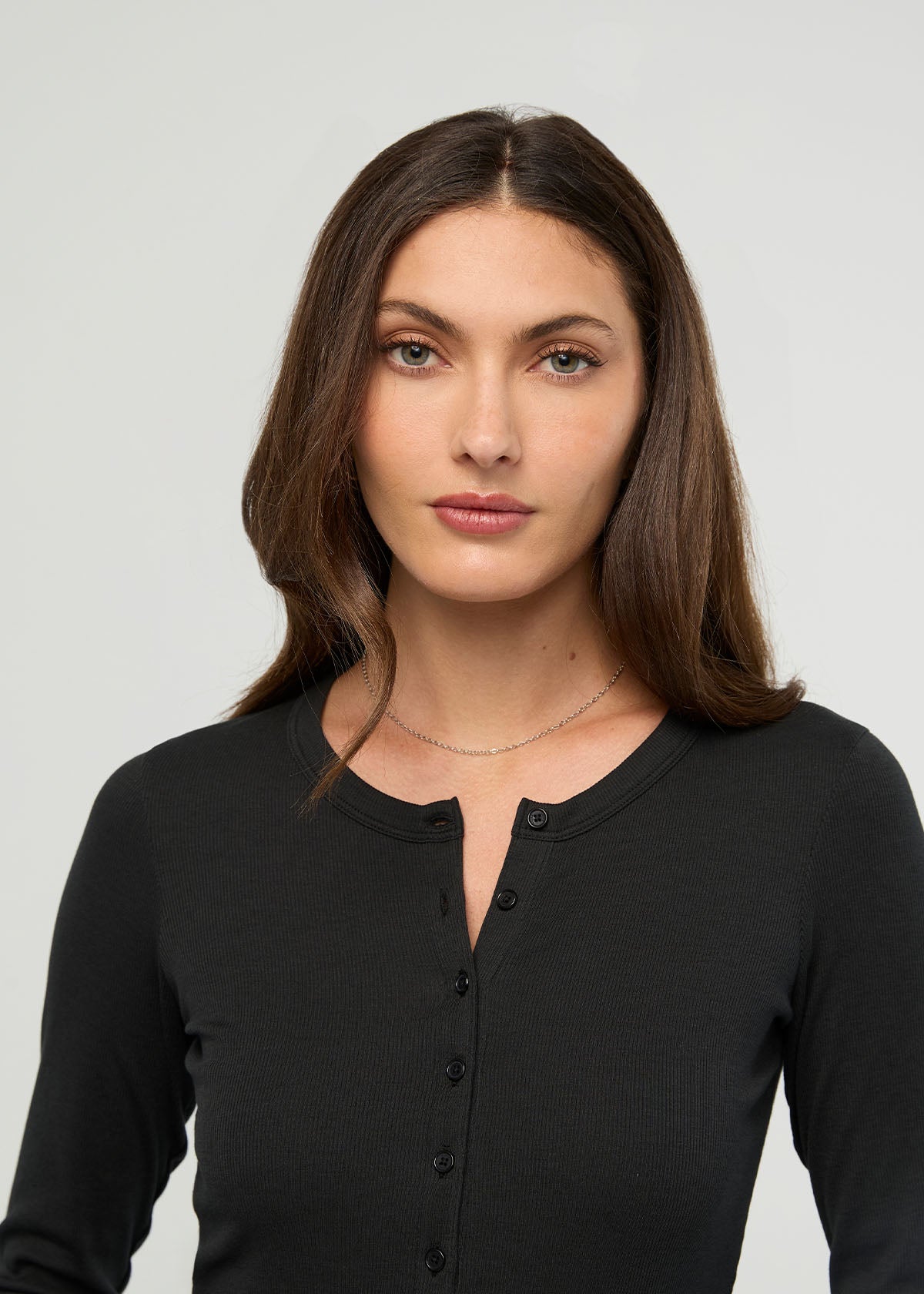 Women's Black Fitted Pima Cotton Henley front front button detail